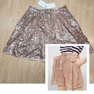 NWT Maje Rose Gold Sequin Pleated Shorts Pockets Lined Highrise Size 34 XS